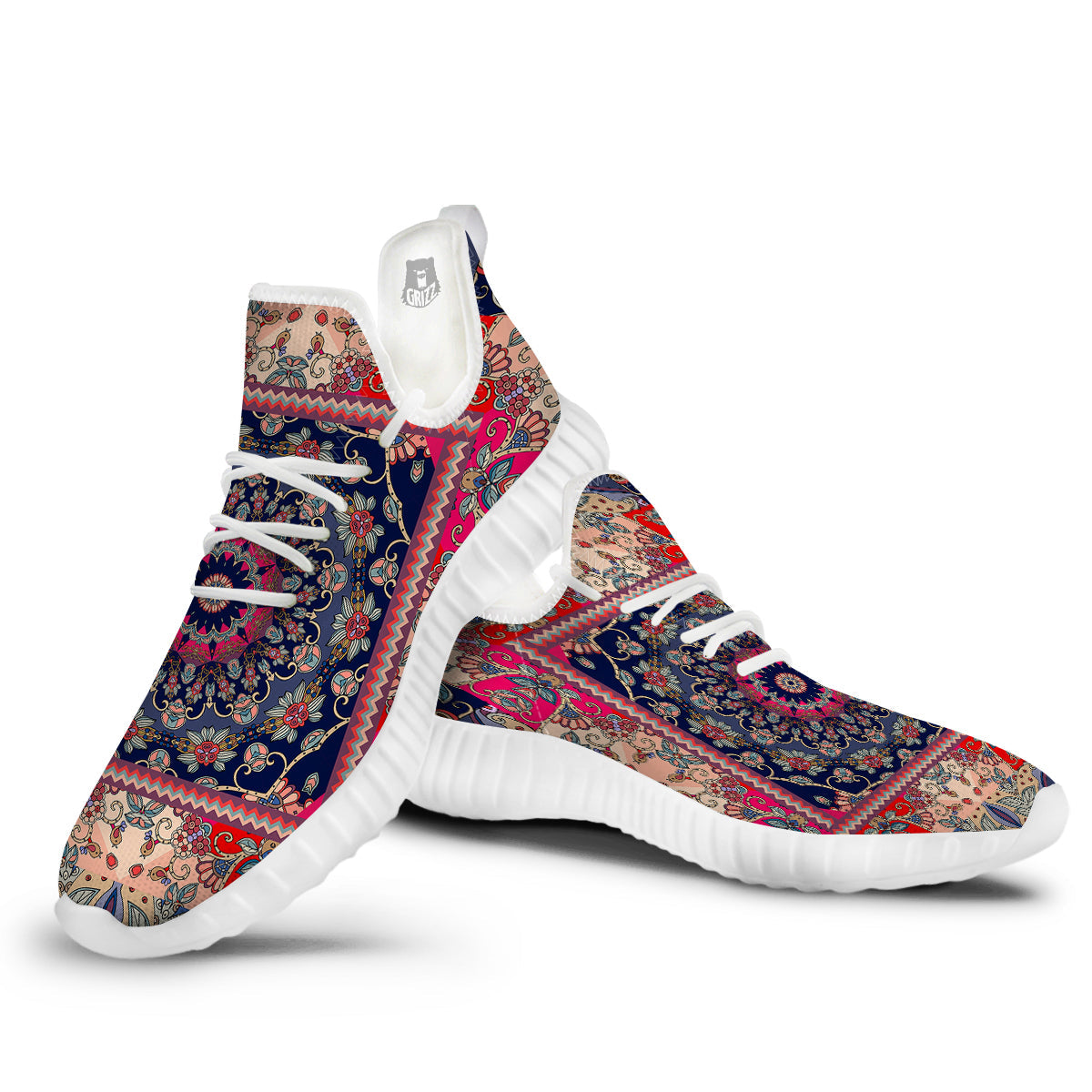 Ethnic Patchwork Square Print White Walking Shoes-grizzshop