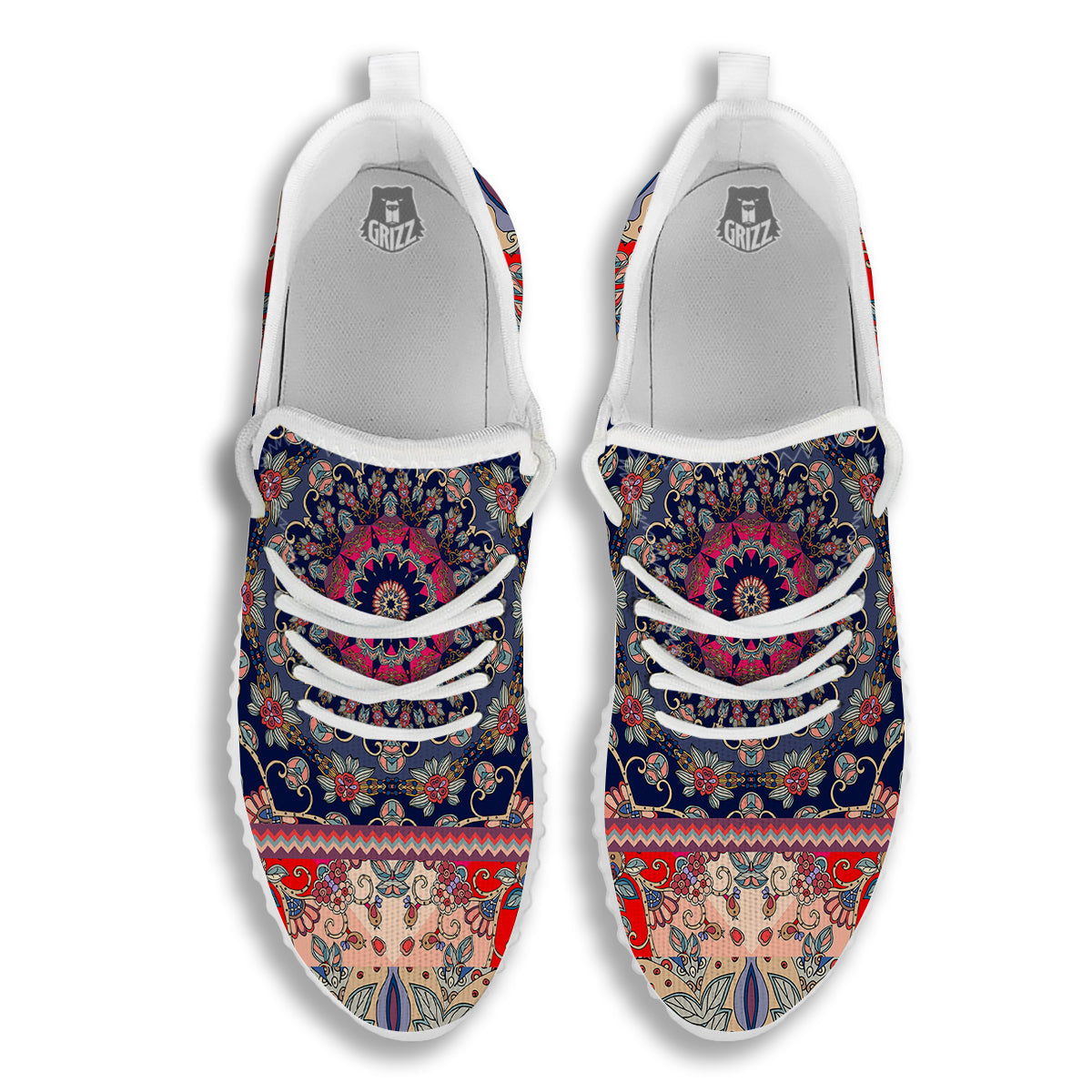 Ethnic Patchwork Square Print White Walking Shoes-grizzshop