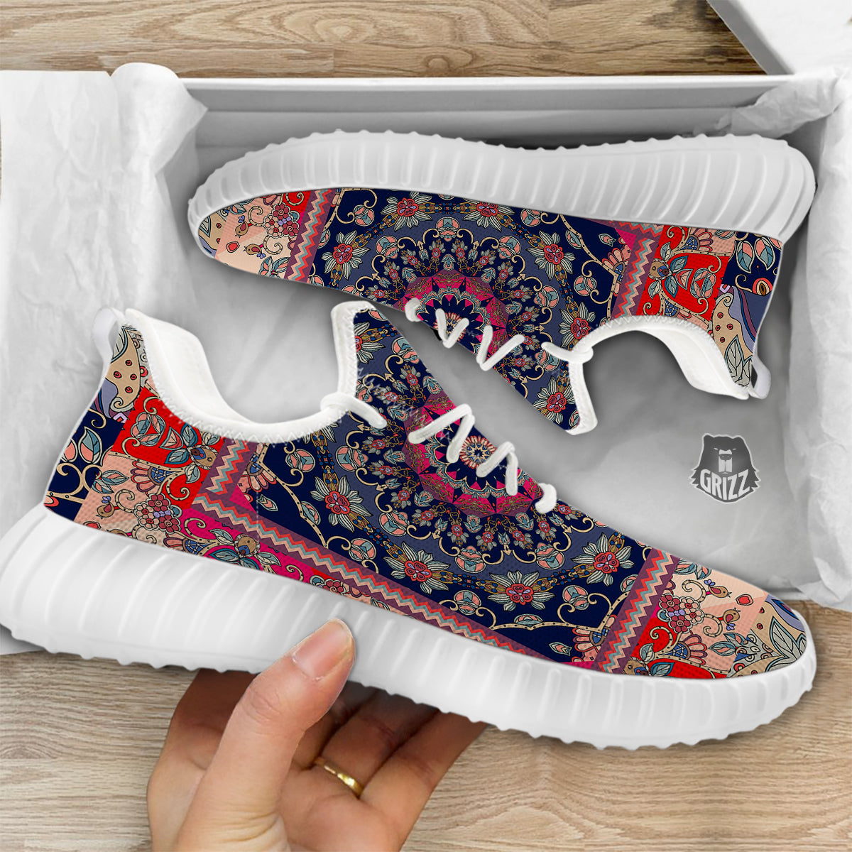 Ethnic Patchwork Square Print White Walking Shoes-grizzshop