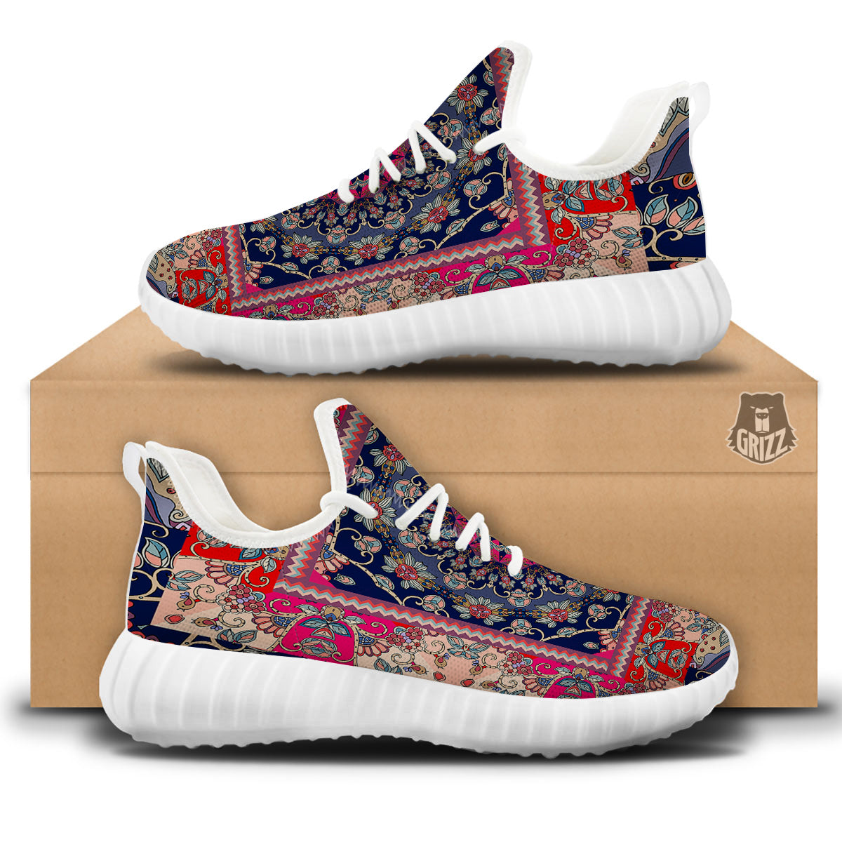 Ethnic Patchwork Square Print White Walking Shoes-grizzshop