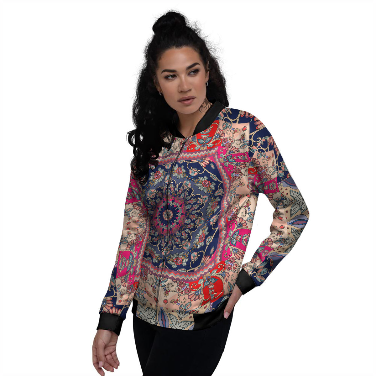 Ethnic Patchwork Square Print Women's Bomber Jacket-grizzshop
