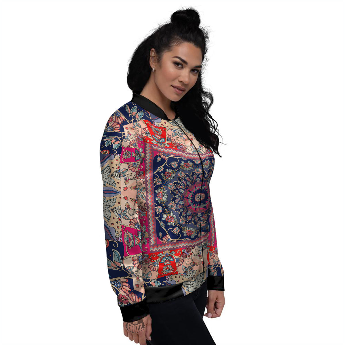 Ethnic Patchwork Square Print Women's Bomber Jacket-grizzshop