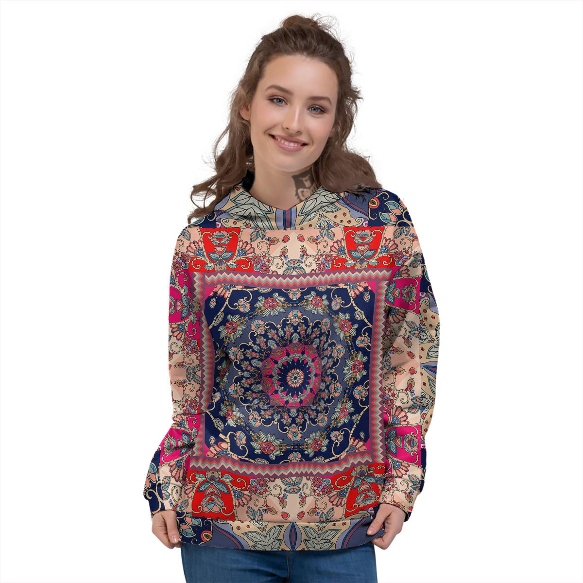 Ethnic Patchwork Square Print Women's Hoodie-grizzshop