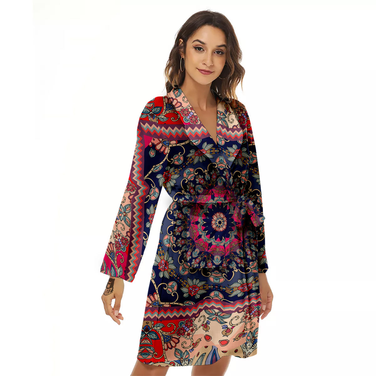 Ethnic Patchwork Square Print Women's Robe-grizzshop