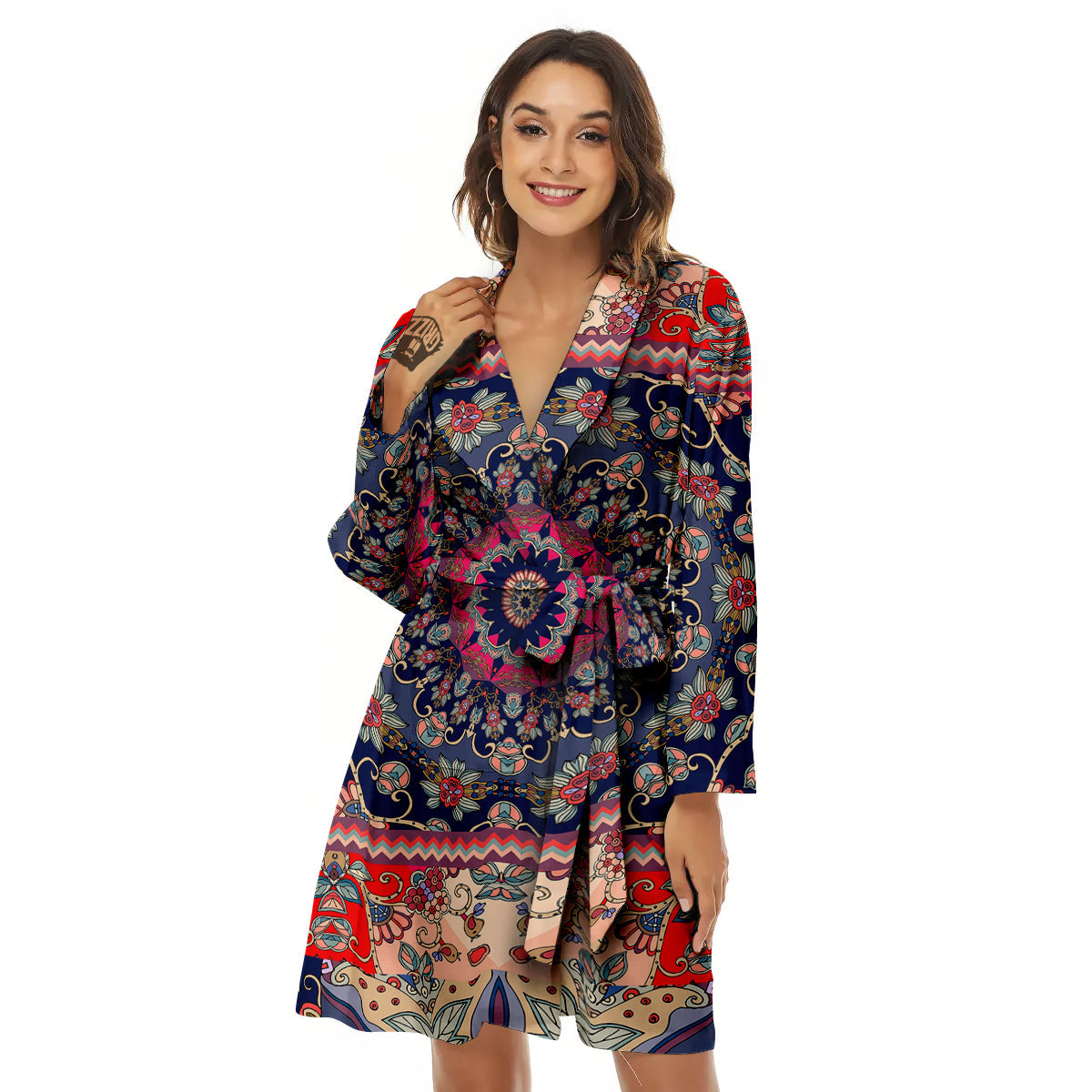 Ethnic Patchwork Square Print Women's Robe-grizzshop
