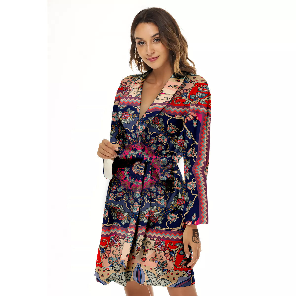 Ethnic Patchwork Square Print Women's Robe-grizzshop