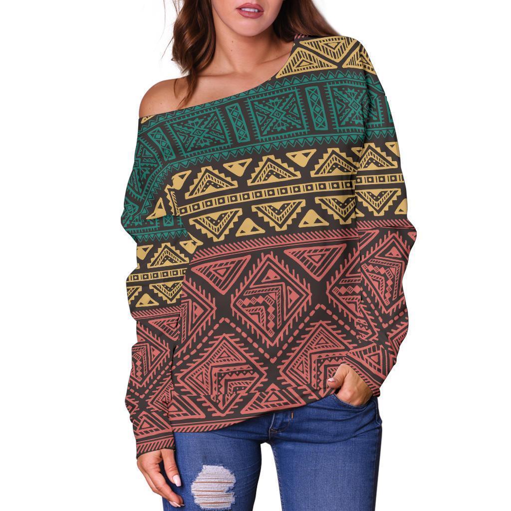 Ethnic Pattern Print Women Off Shoulder Sweatshirt-grizzshop