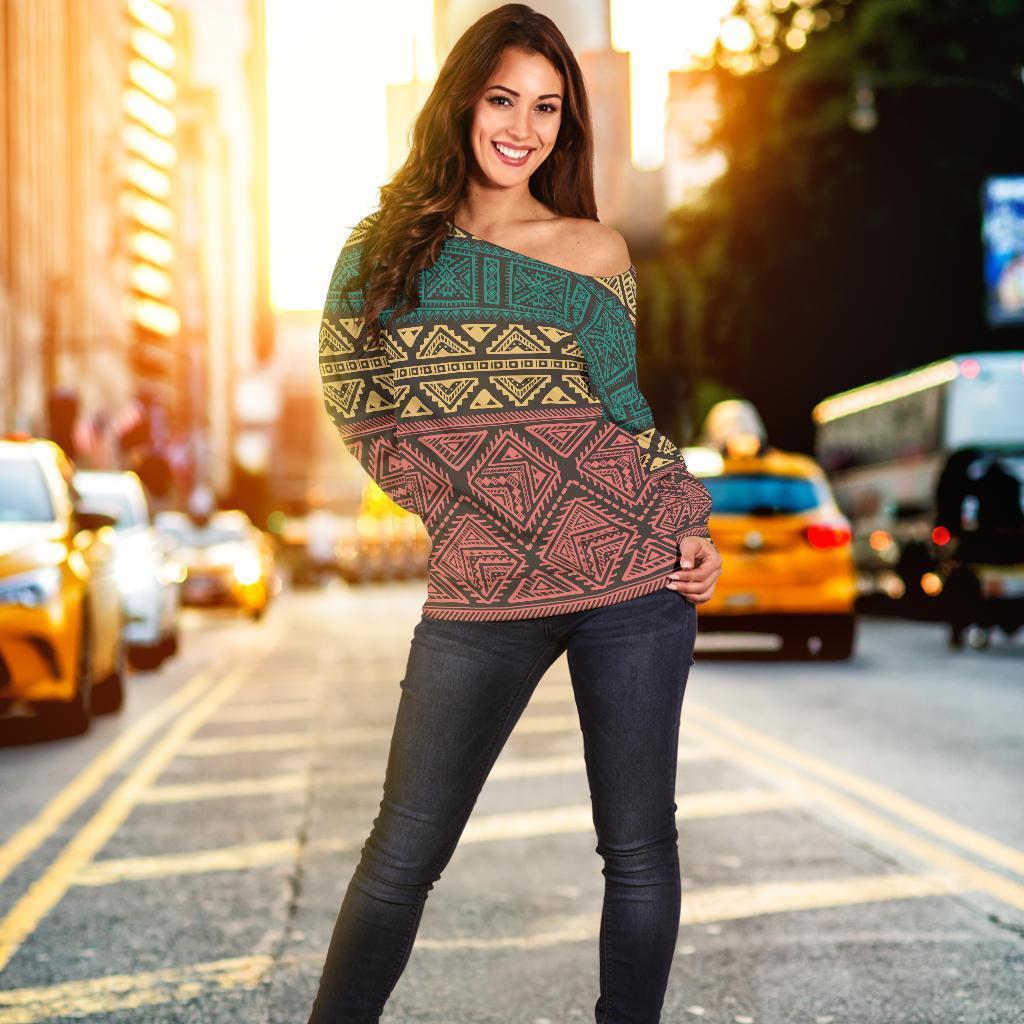 Ethnic Pattern Print Women Off Shoulder Sweatshirt-grizzshop