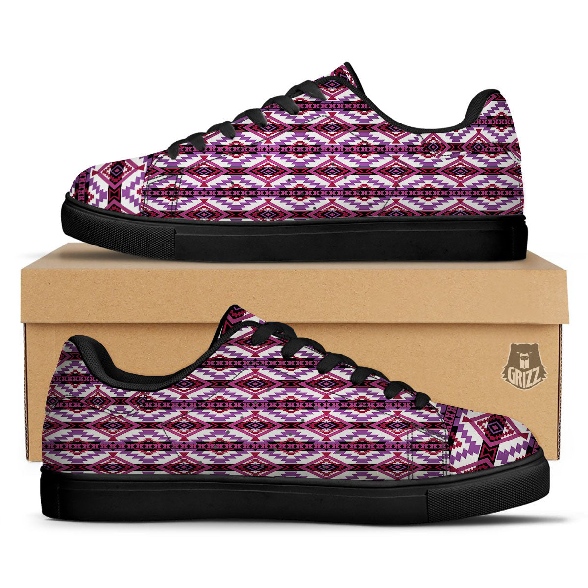 Ethnic Pink African Print Pattern Black Low Top Sneakers-grizzshop