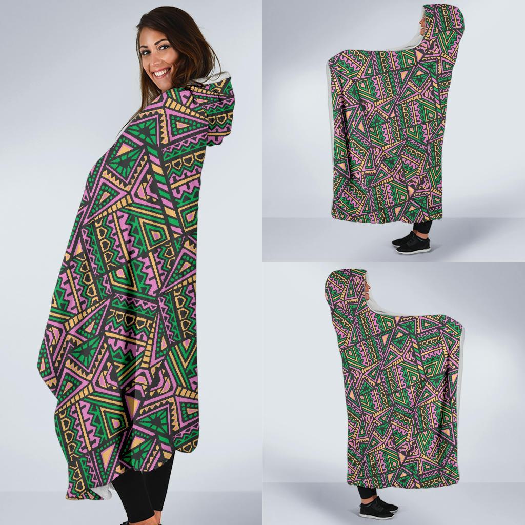 Ethnic Pink Print Pattern Hooded Blanket-grizzshop