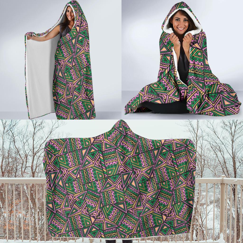 Ethnic Pink Print Pattern Hooded Blanket-grizzshop