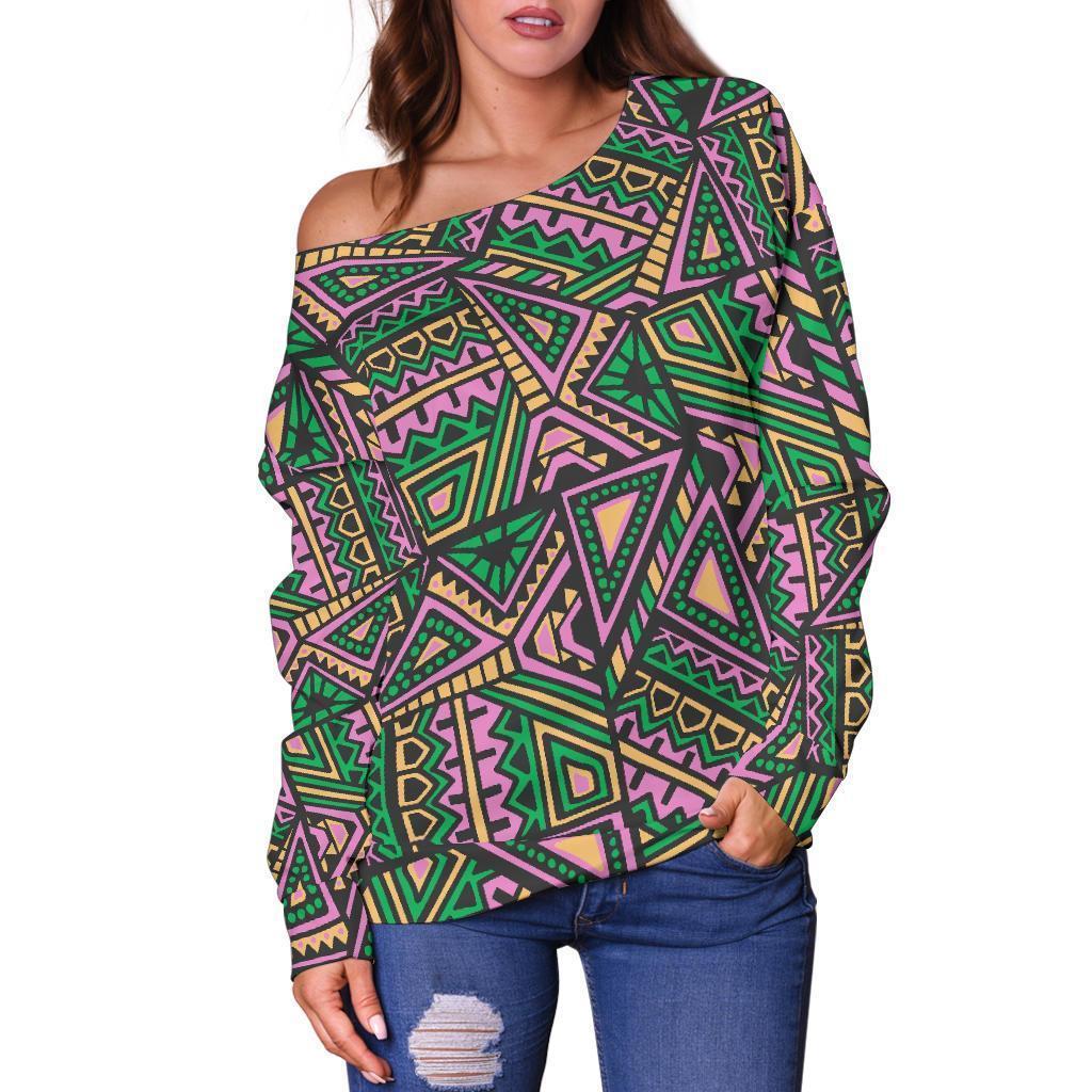 Ethnic Pink Print Pattern Women Off Shoulder Sweatshirt-grizzshop