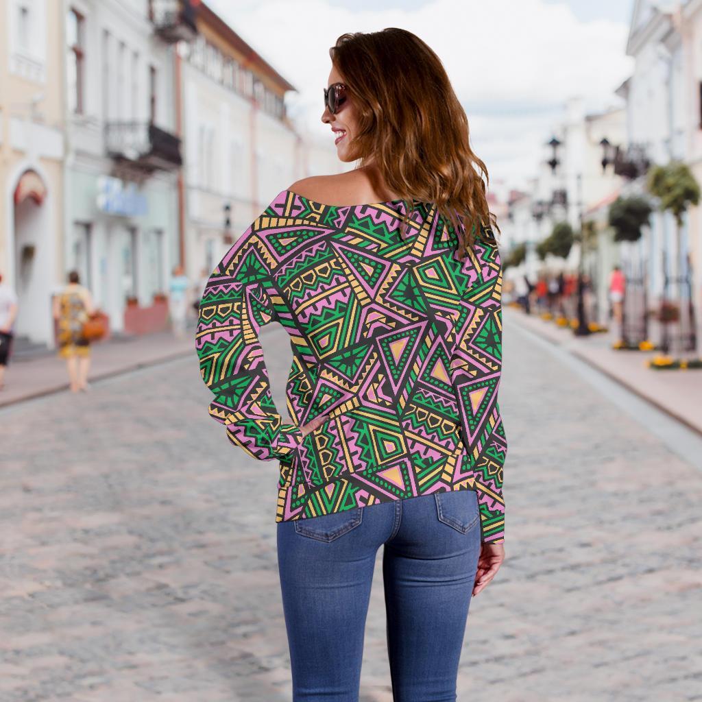 Ethnic Pink Print Pattern Women Off Shoulder Sweatshirt-grizzshop