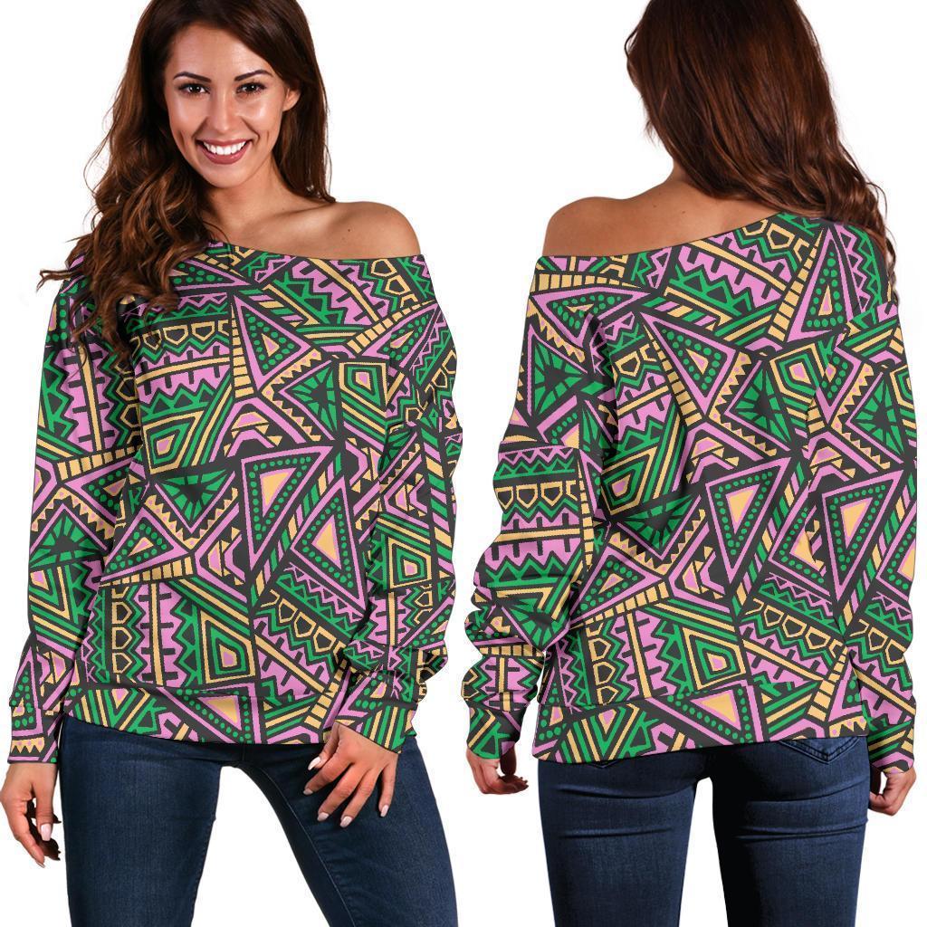 Ethnic Pink Print Pattern Women Off Shoulder Sweatshirt-grizzshop