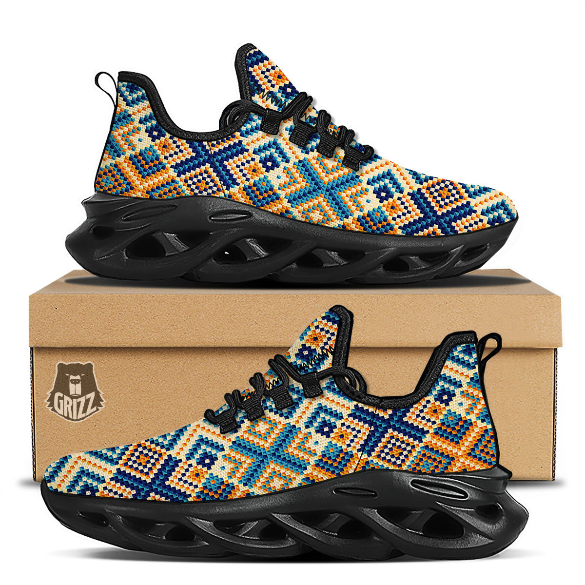 Ethnic Pixel Print Pattern Black Running Shoes-grizzshop