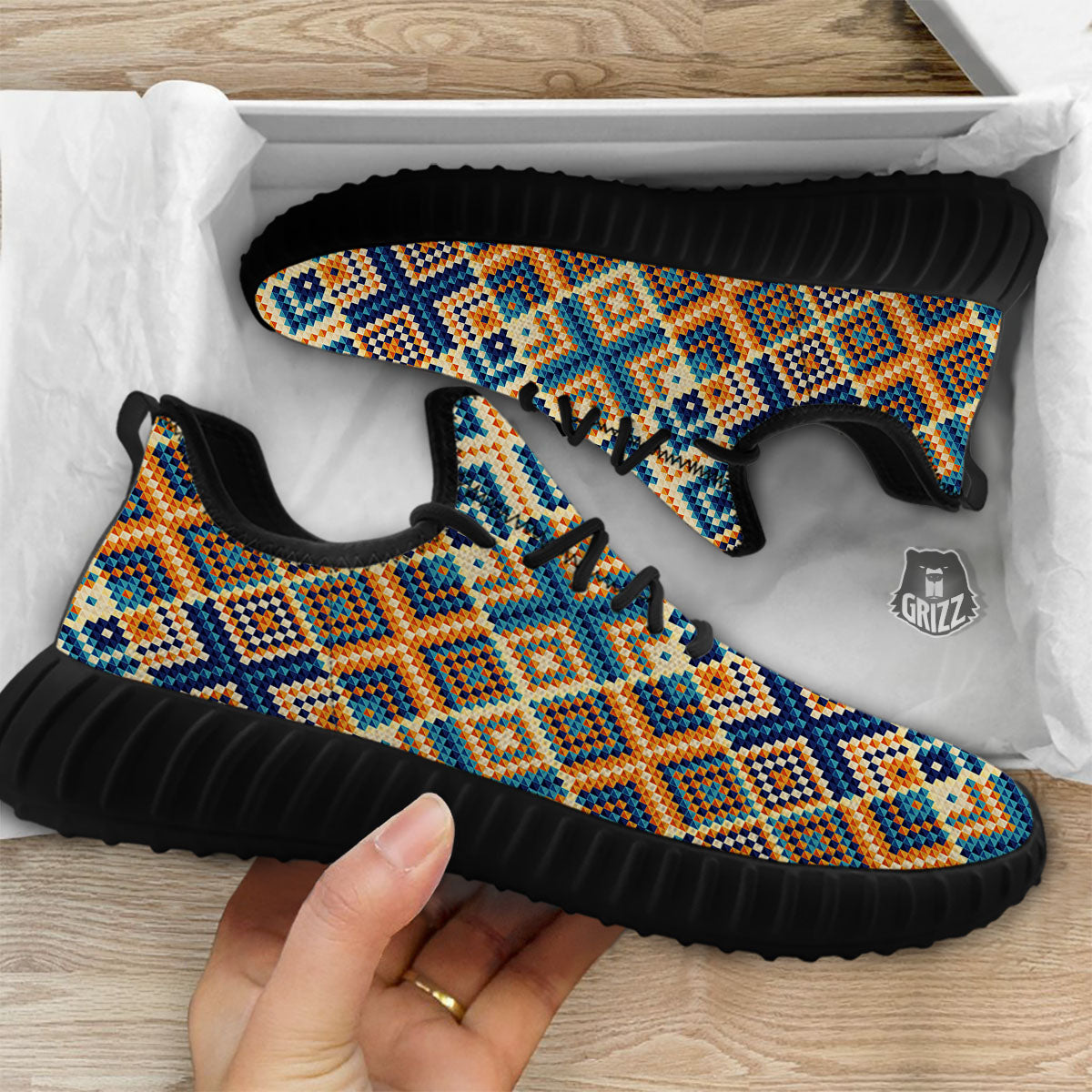 Ethnic Pixel Print Pattern Black Walking Shoes-grizzshop
