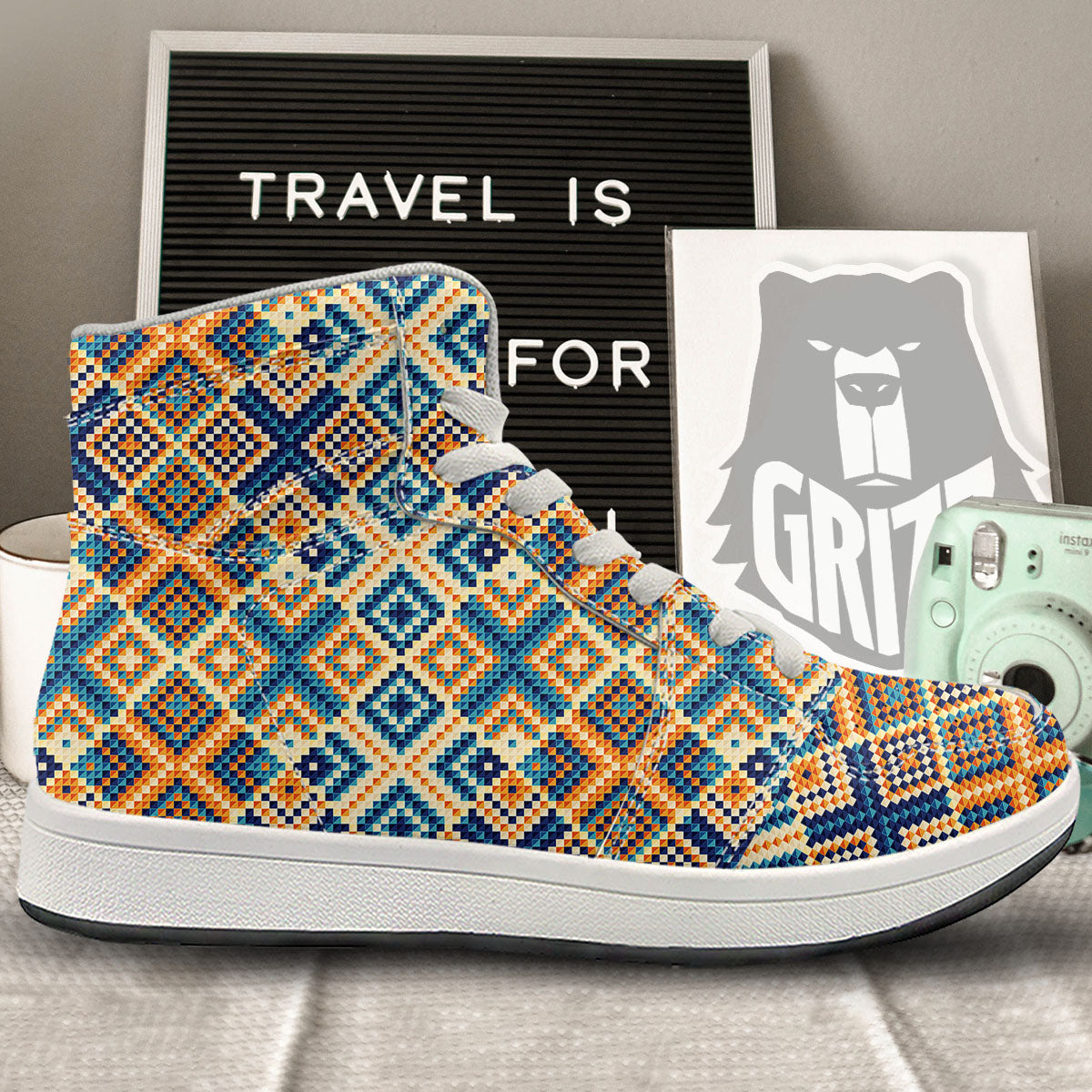 Ethnic Pixel Print Pattern High Top Sneakers-grizzshop