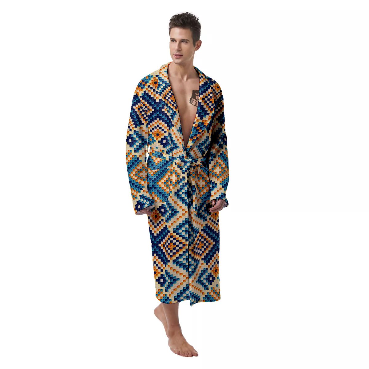 Ethnic Pixel Print Pattern Men's Robe-grizzshop