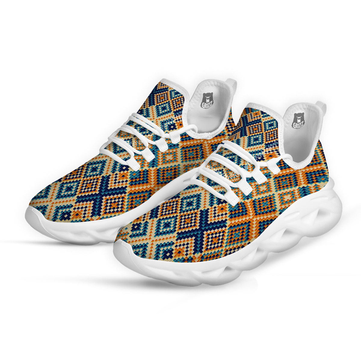 Ethnic Pixel Print Pattern White Running Shoes-grizzshop