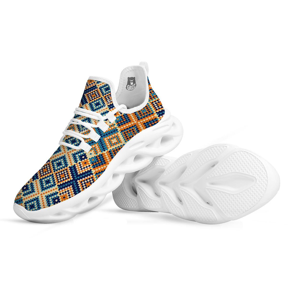 Ethnic Pixel Print Pattern White Running Shoes-grizzshop