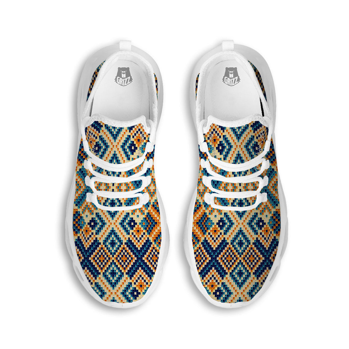 Ethnic Pixel Print Pattern White Running Shoes-grizzshop