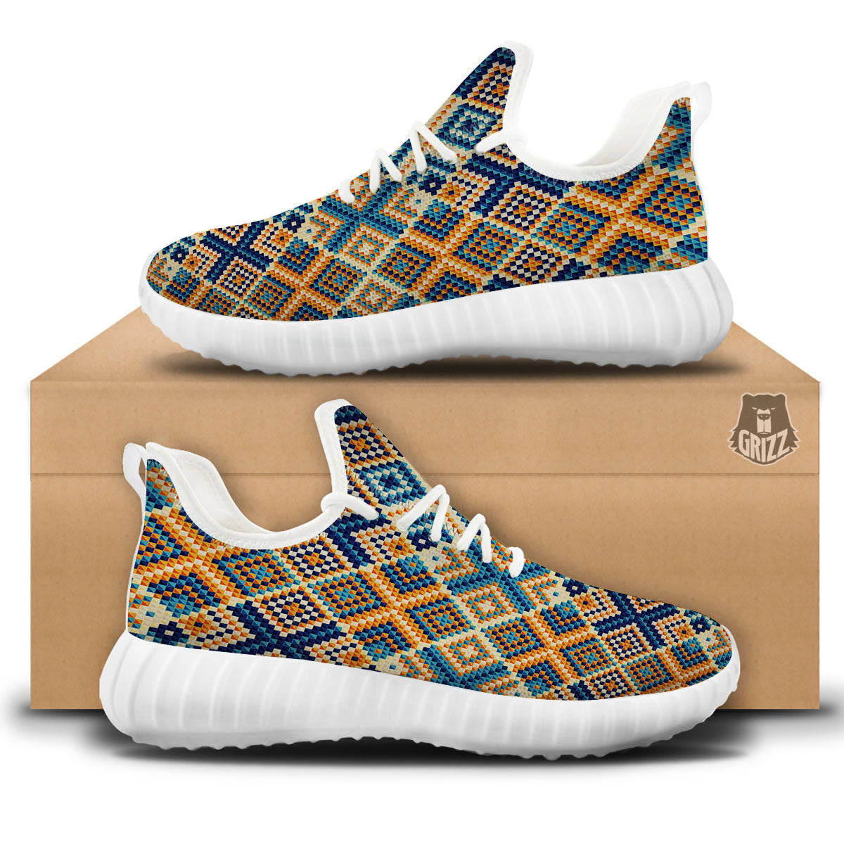 Ethnic Pixel Print Pattern White Walking Shoes-grizzshop