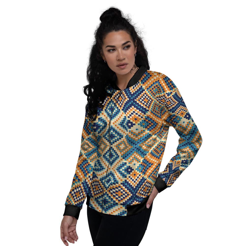 Ethnic Pixel Print Pattern Women's Bomber Jacket-grizzshop