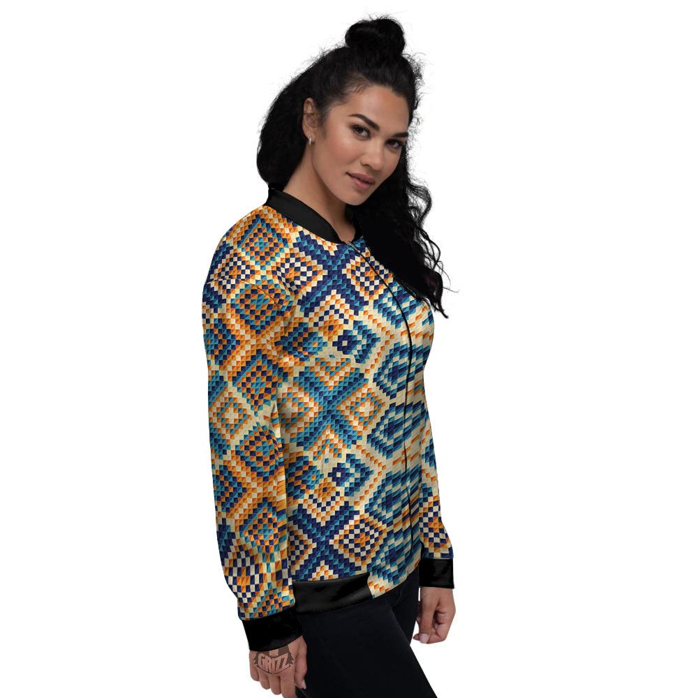 Ethnic Pixel Print Pattern Women's Bomber Jacket-grizzshop