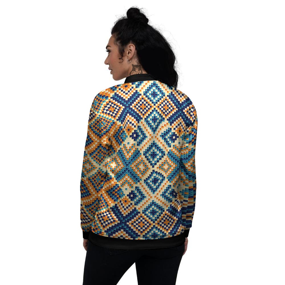 Ethnic Pixel Print Pattern Women's Bomber Jacket-grizzshop