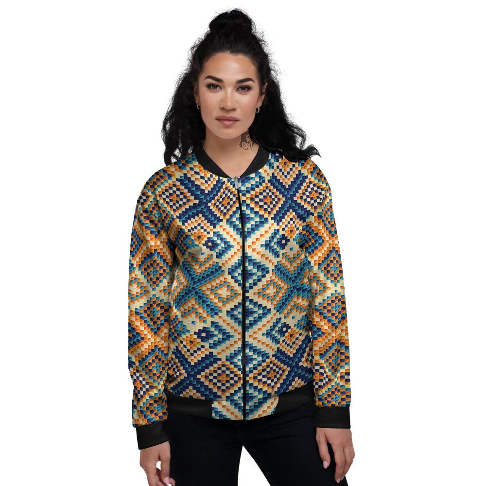 Ethnic Pixel Print Pattern Women's Bomber Jacket-grizzshop