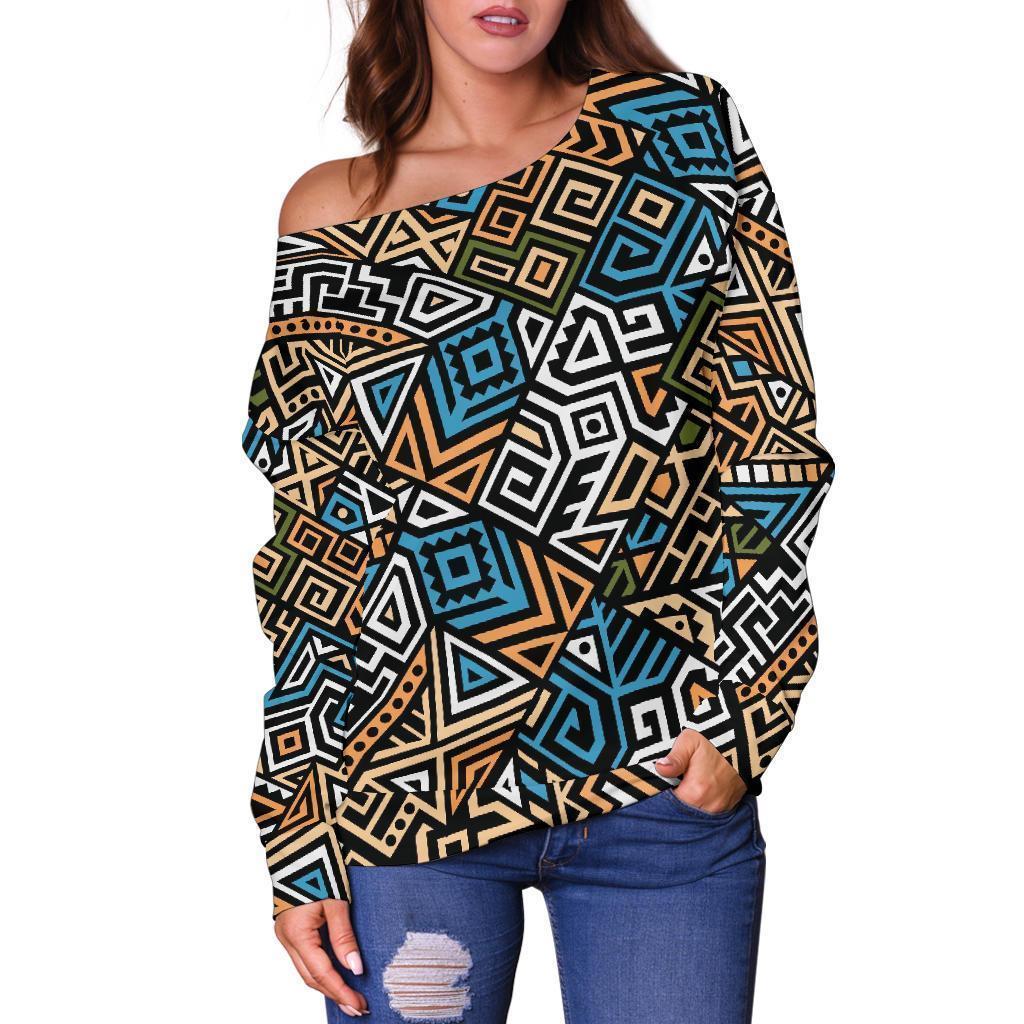 Ethnic Print Pattern Women Off Shoulder Sweatshirt-grizzshop