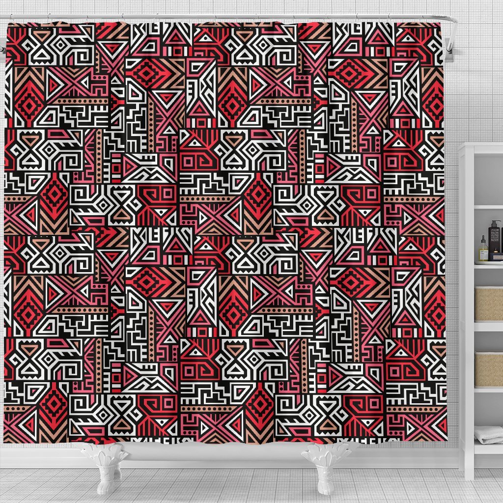 Ethnic Red Print Pattern Bathroom Shower Curtain-grizzshop