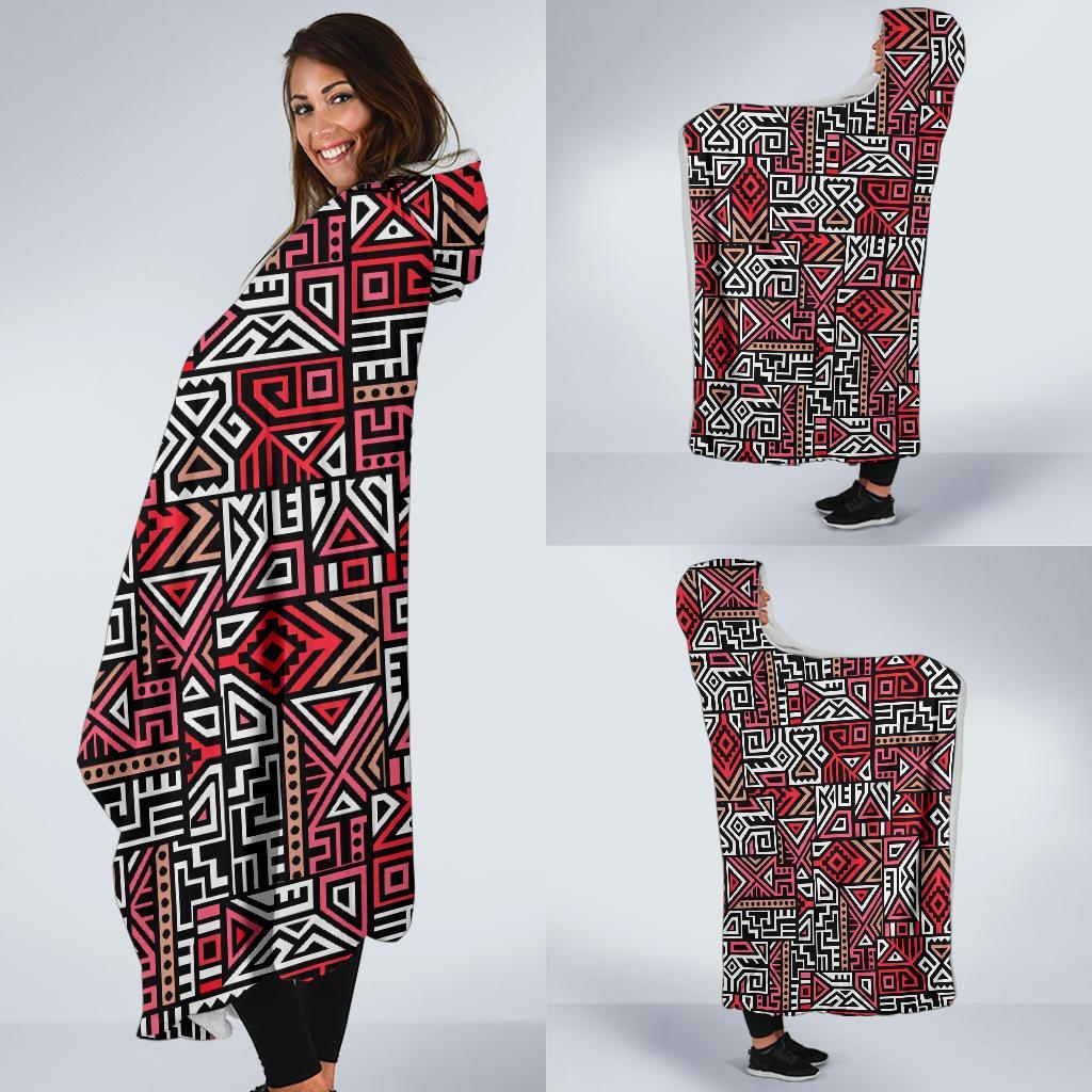 Ethnic Red Print Pattern Hooded Blanket-grizzshop