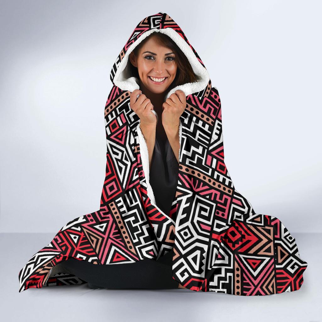 Ethnic Red Print Pattern Hooded Blanket-grizzshop