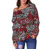 Ethnic Red Print Pattern Women Off Shoulder Sweatshirt-grizzshop