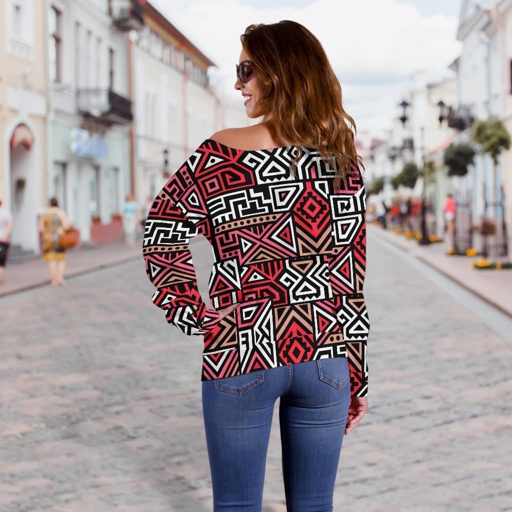 Ethnic Red Print Pattern Women Off Shoulder Sweatshirt-grizzshop