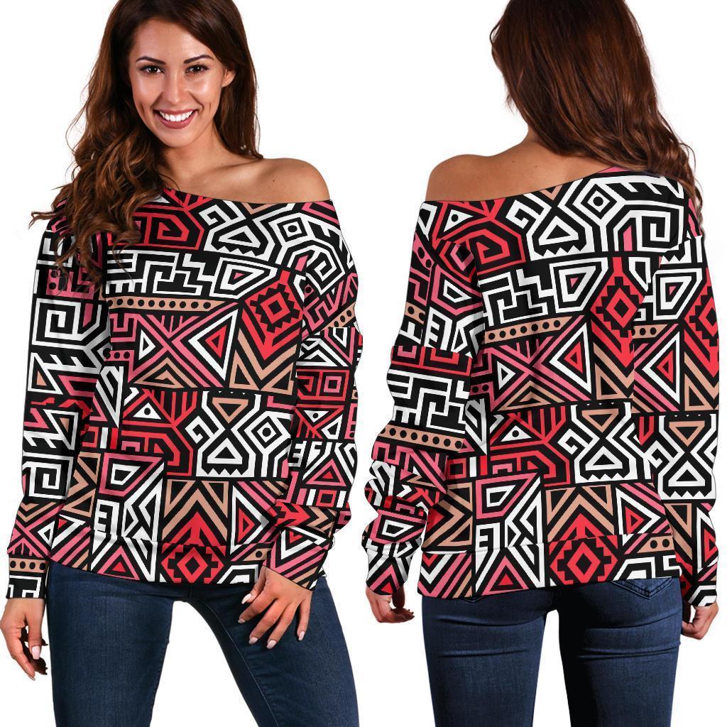 Ethnic Red Print Pattern Women Off Shoulder Sweatshirt-grizzshop