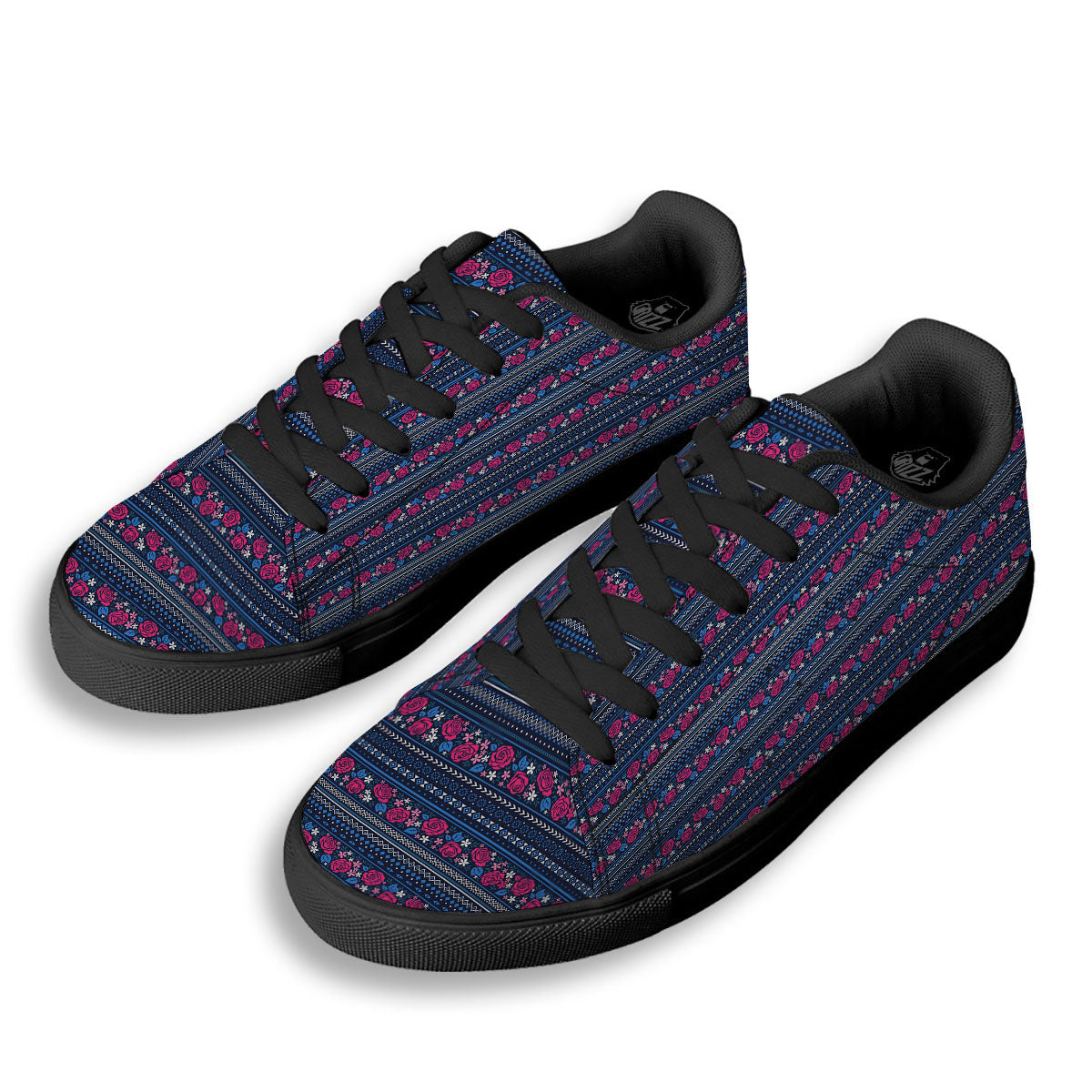 Ethnic Rose Native Tribal Print Pattern Black Low Top Sneakers-grizzshop