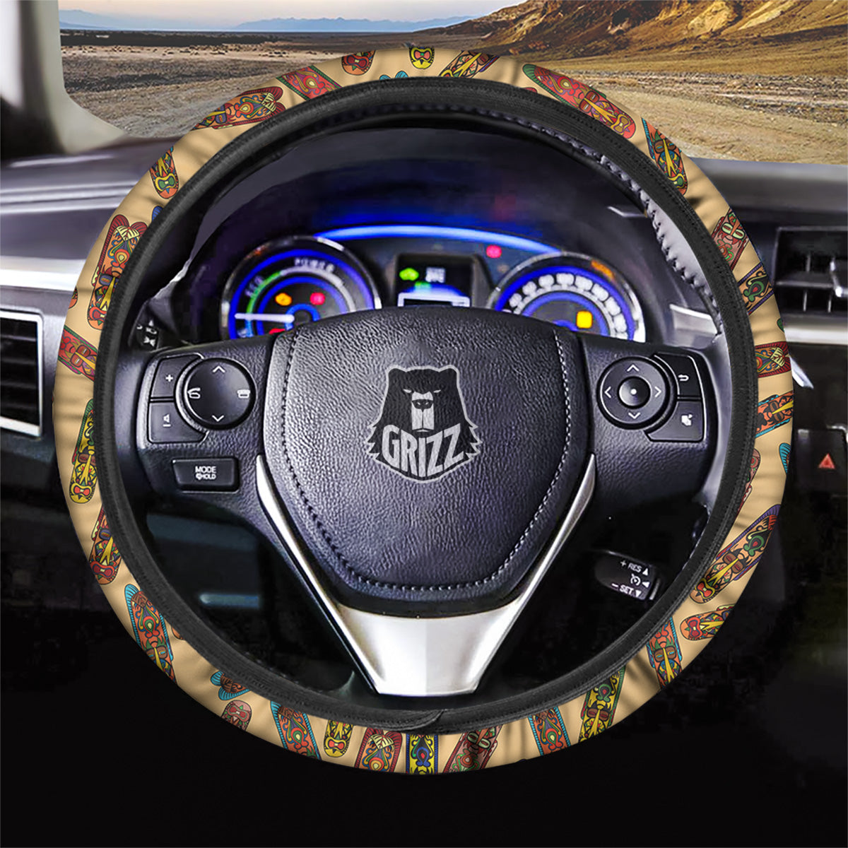 Ethnic Tribal Vintage Style African Mask Print Pattern Car Steering Wheel Cover-grizzshop