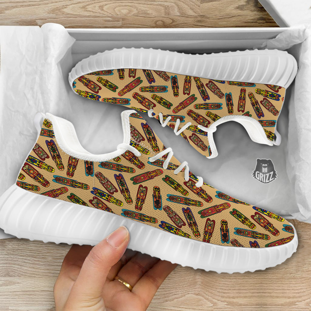 Ethnic Tribal Vintage Style African Mask Print Pattern White Walking Shoes-grizzshop