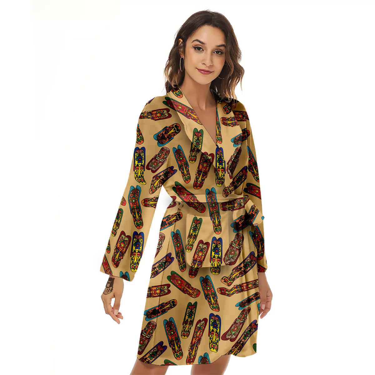 Ethnic Tribal Vintage Style African Mask Print Pattern Women's Robe-grizzshop
