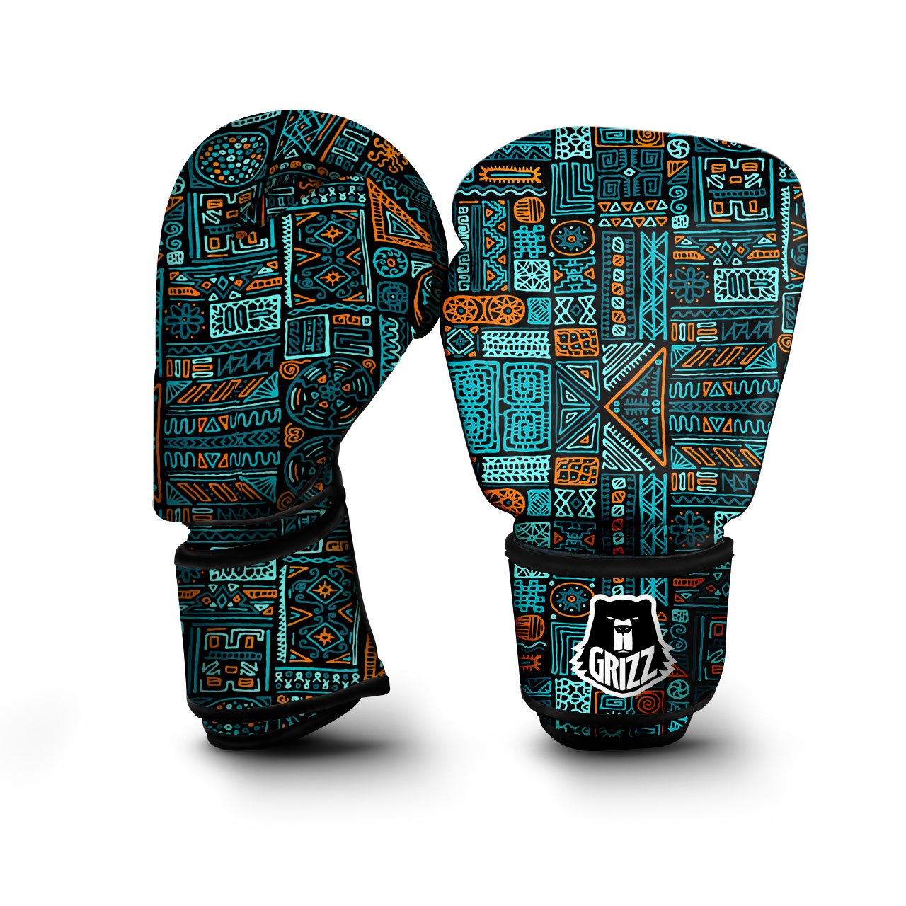 Ethnic Turquoise African Print Pattern Boxing Gloves-grizzshop