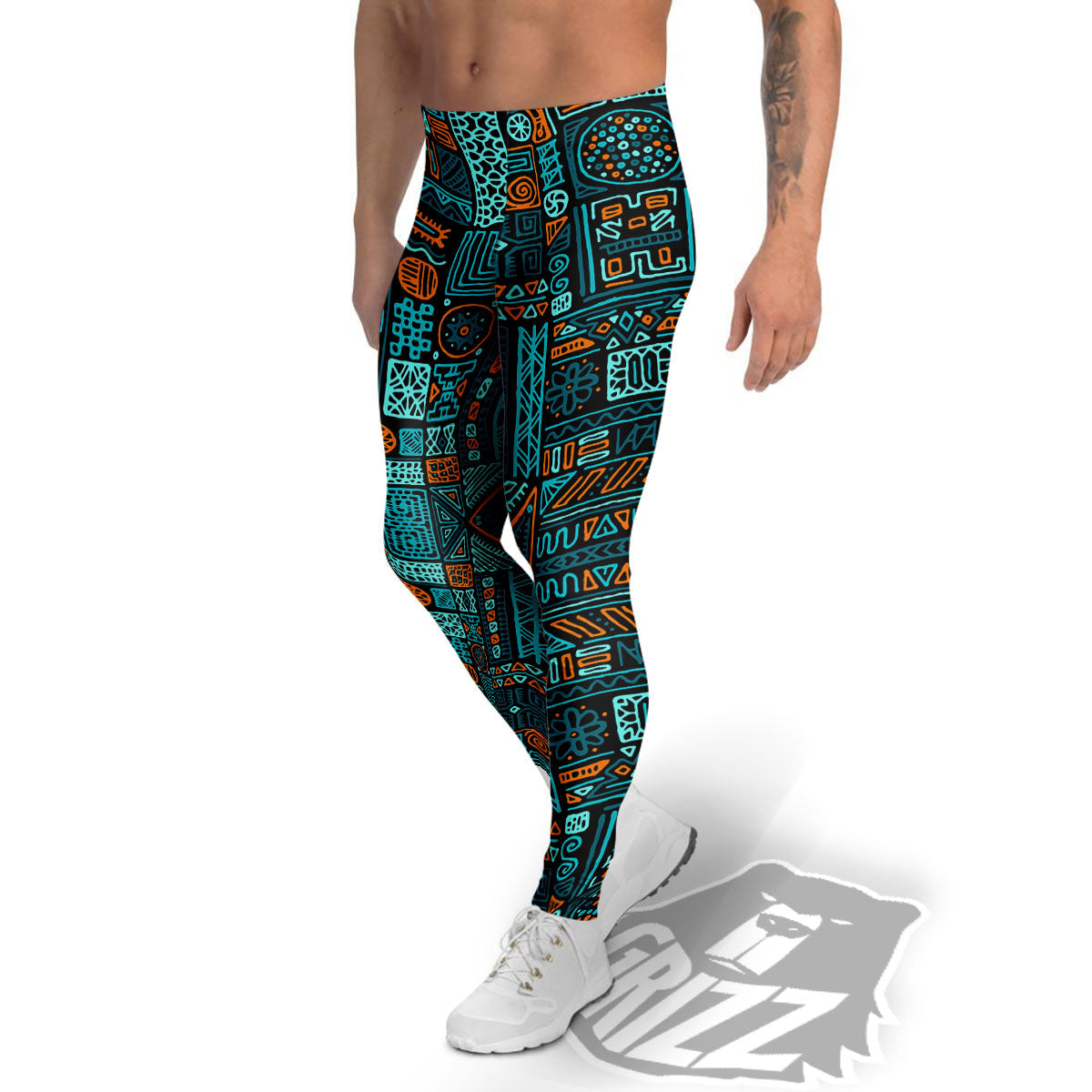 Ethnic Turquoise African Print Pattern Men's Leggings-grizzshop