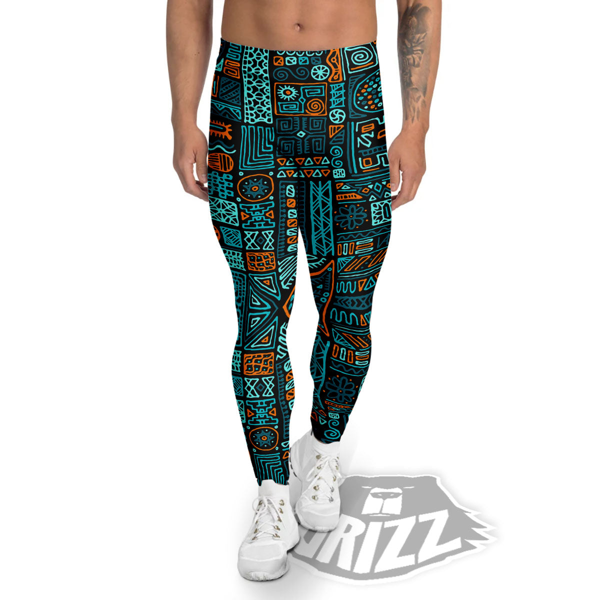 Ethnic Turquoise African Print Pattern Men's Leggings-grizzshop