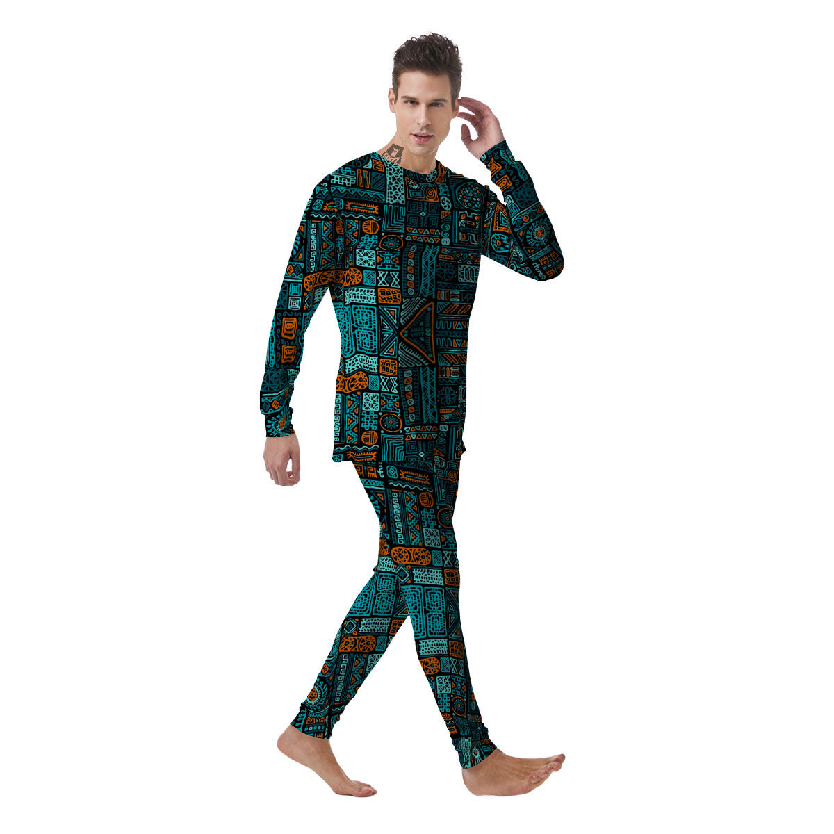 Ethnic Turquoise African Print Pattern Men's Pajamas-grizzshop