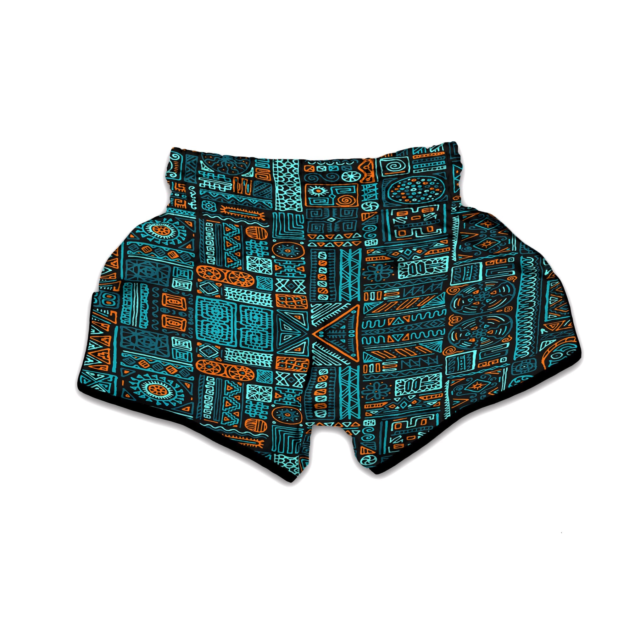 Ethnic Turquoise African Print Pattern Muay Thai Boxing Shorts-grizzshop