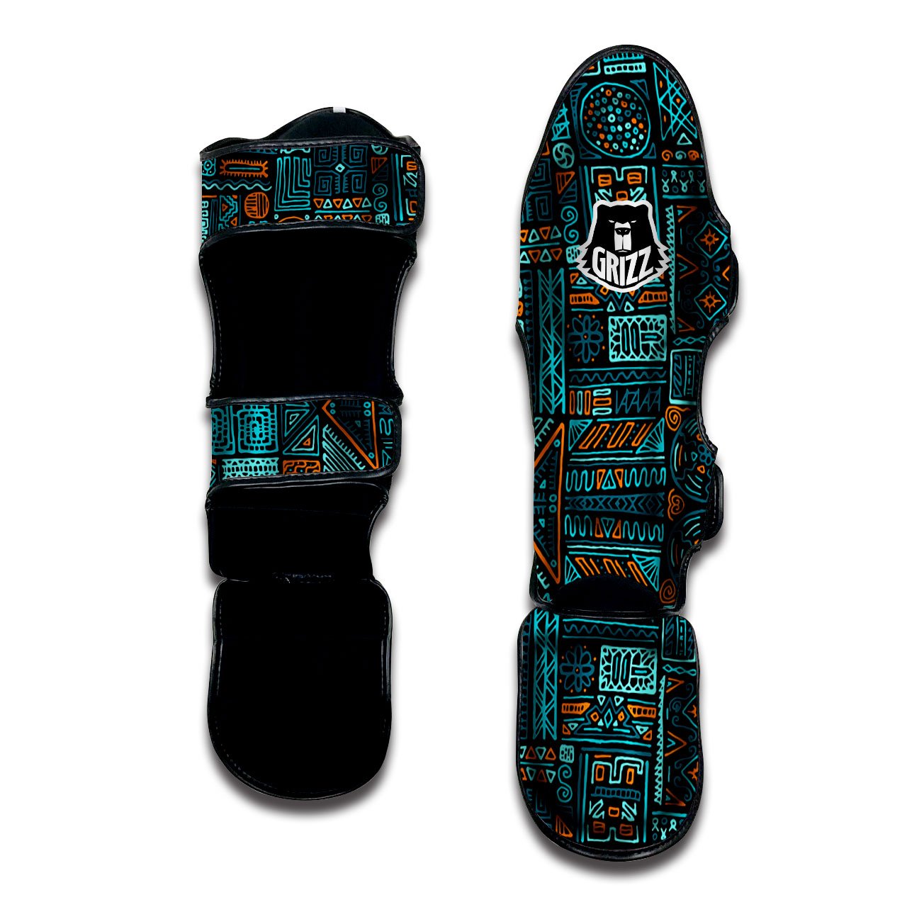 Ethnic Turquoise African Print Pattern Muay Thai Shin Guards-grizzshop