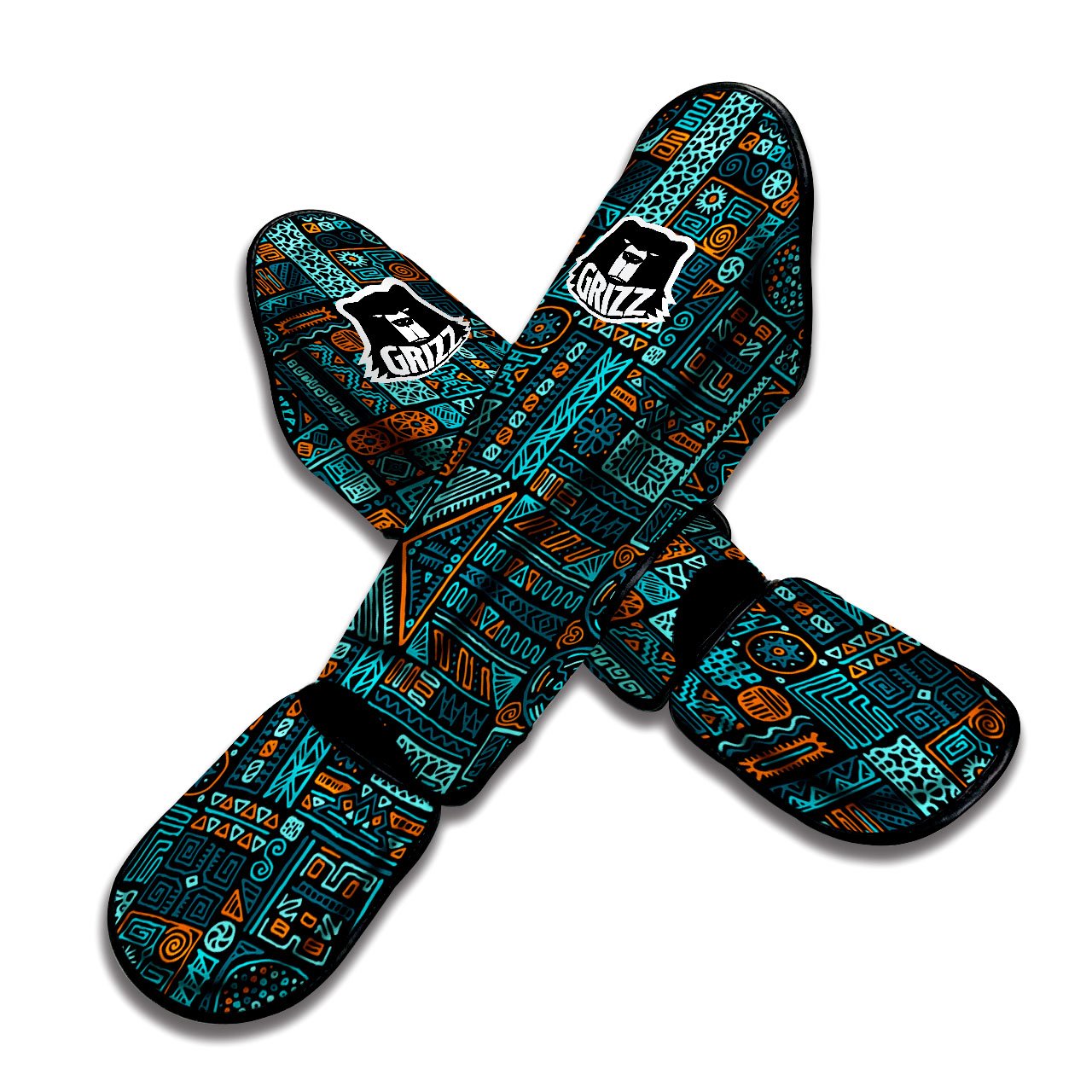 Ethnic Turquoise African Print Pattern Muay Thai Shin Guards-grizzshop