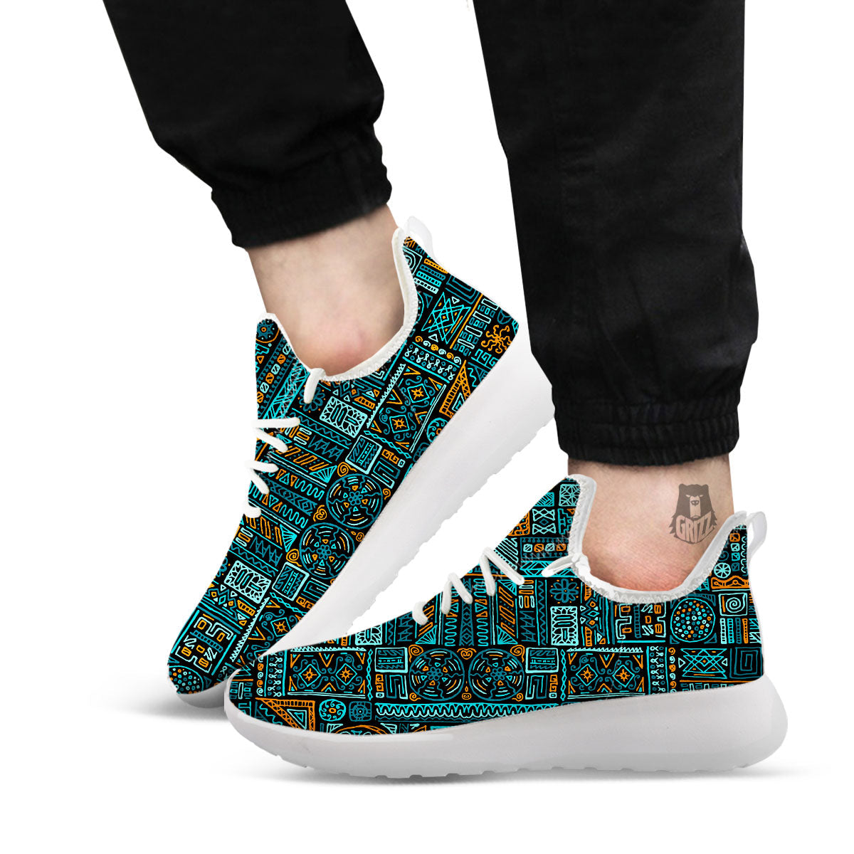 Ethnic Turquoise African Print Pattern White Athletic Shoes-grizzshop