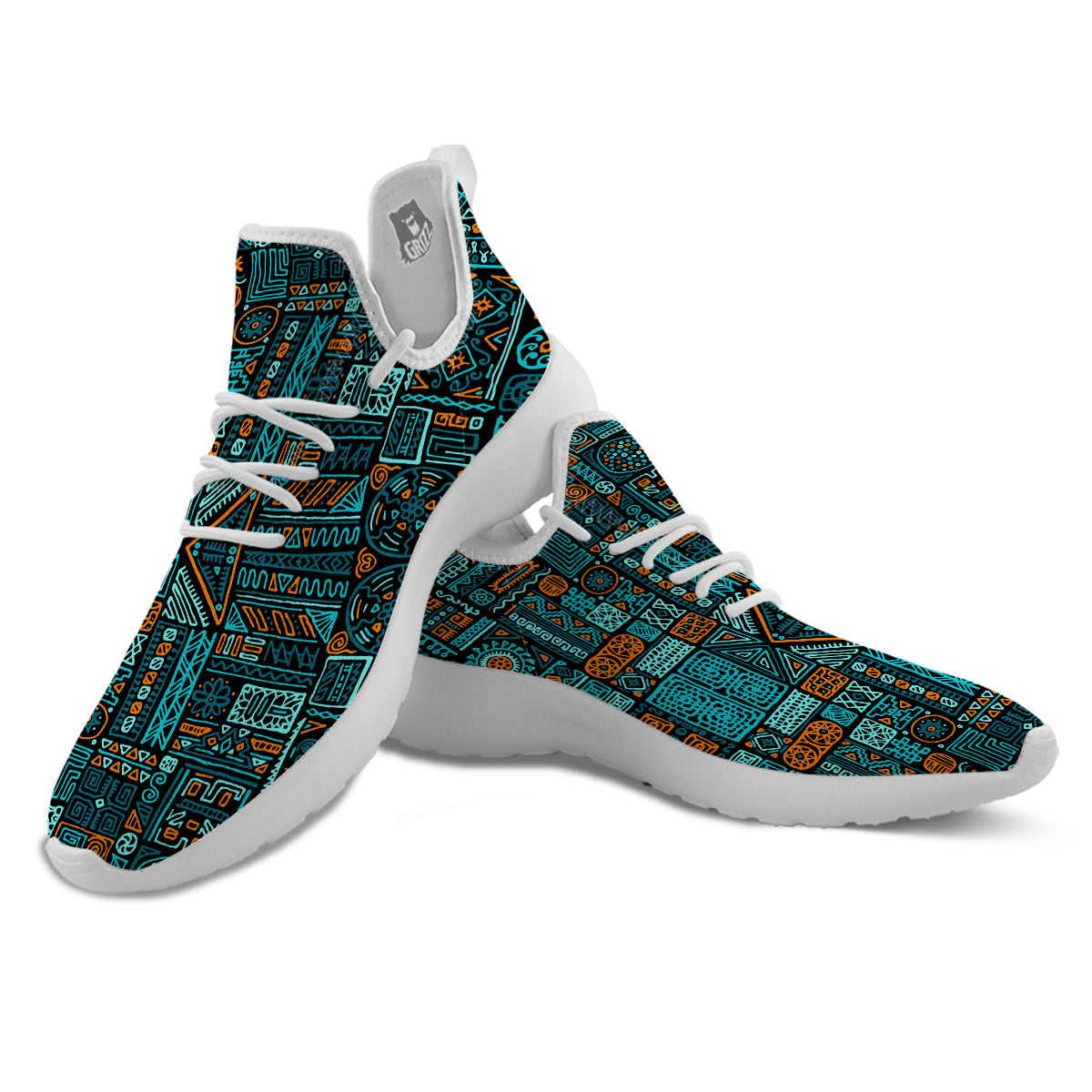 Ethnic Turquoise African Print Pattern White Athletic Shoes-grizzshop